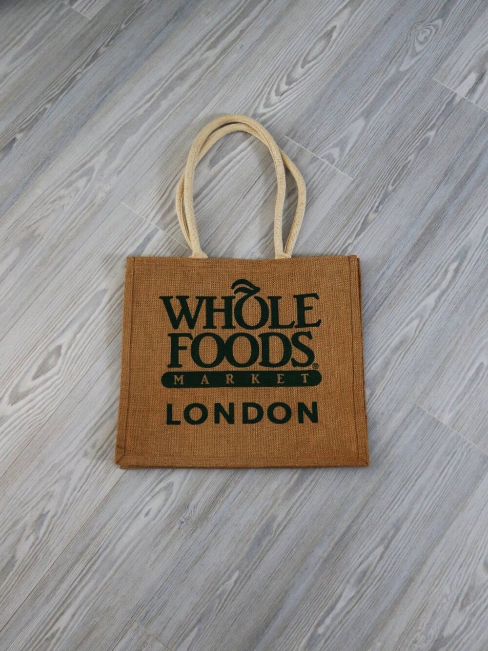 Whole Foods Market London Jute Tote Bag Brown Burlap Natural Kesington NEW